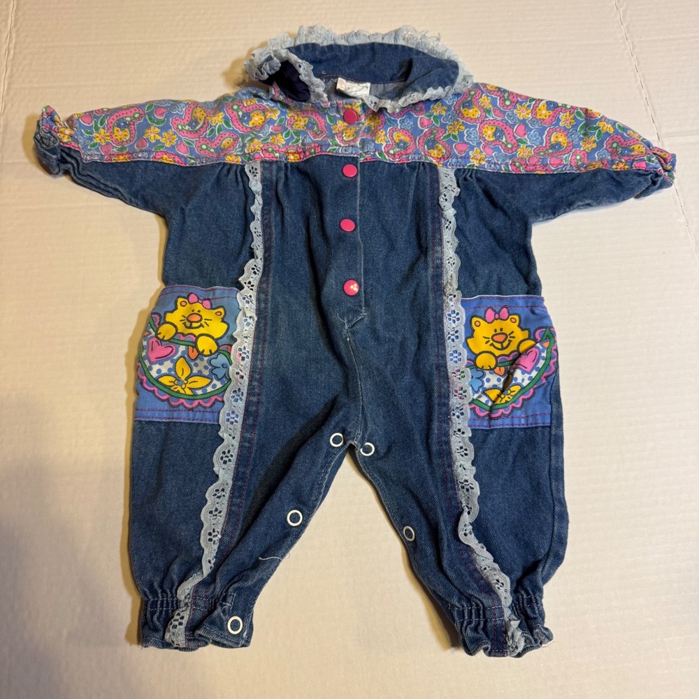 90s Y2k Rare Cotton‎ Candy Baby Denim Jumpsuit Romper Pastel Cute Cat 6-9 Months